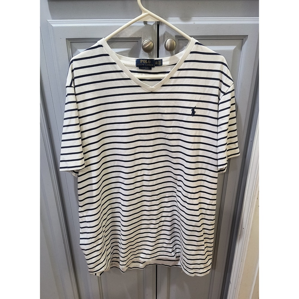Polo Ralph Lauren Mens Custom Slim Fit V-Neck Striped T-Shirt XXL Navy White